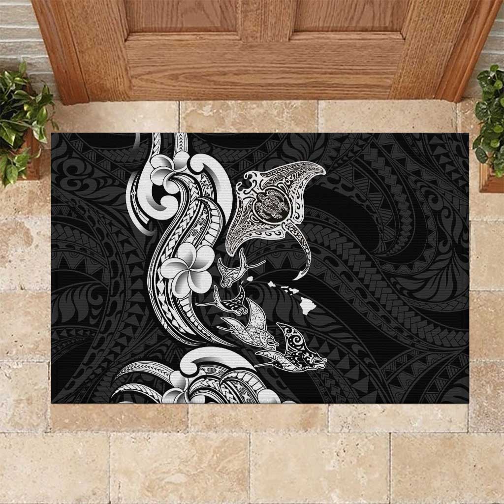 Hawaiian Manta Rays Rubber Doormat Tribal Hibiscus Polynesian Tattoos Black Color LT03 Black - Polynesian Pride