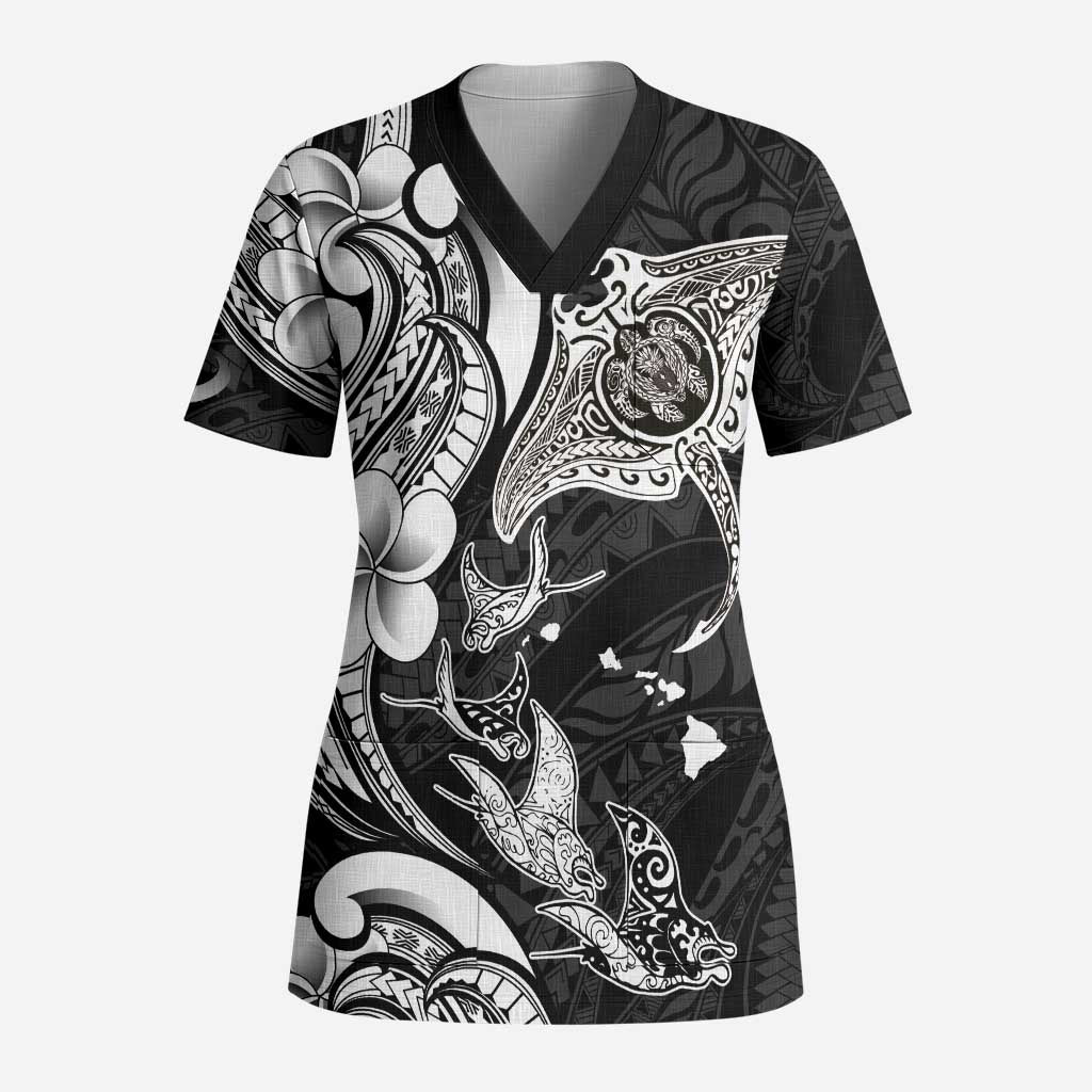 Hawaiian Manta Rays Scrub Top Tribal Hibiscus Polynesian Tattoos Black Color LT03 Adult Black - Polynesian Pride