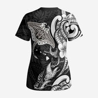 Hawaiian Manta Rays Scrub Top Tribal Hibiscus Polynesian Tattoos Black Color LT03 - Polynesian Pride