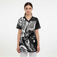 Hawaiian Manta Rays Scrub Top Tribal Hibiscus Polynesian Tattoos Black Color LT03 - Polynesian Pride