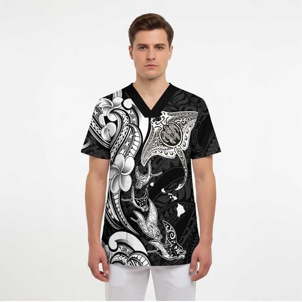Hawaiian Manta Rays Scrub Top Tribal Hibiscus Polynesian Tattoos Black Color LT03 - Polynesian Pride