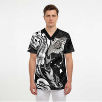 Hawaiian Manta Rays Scrub Top Tribal Hibiscus Polynesian Tattoos Black Color LT03 - Polynesian Pride
