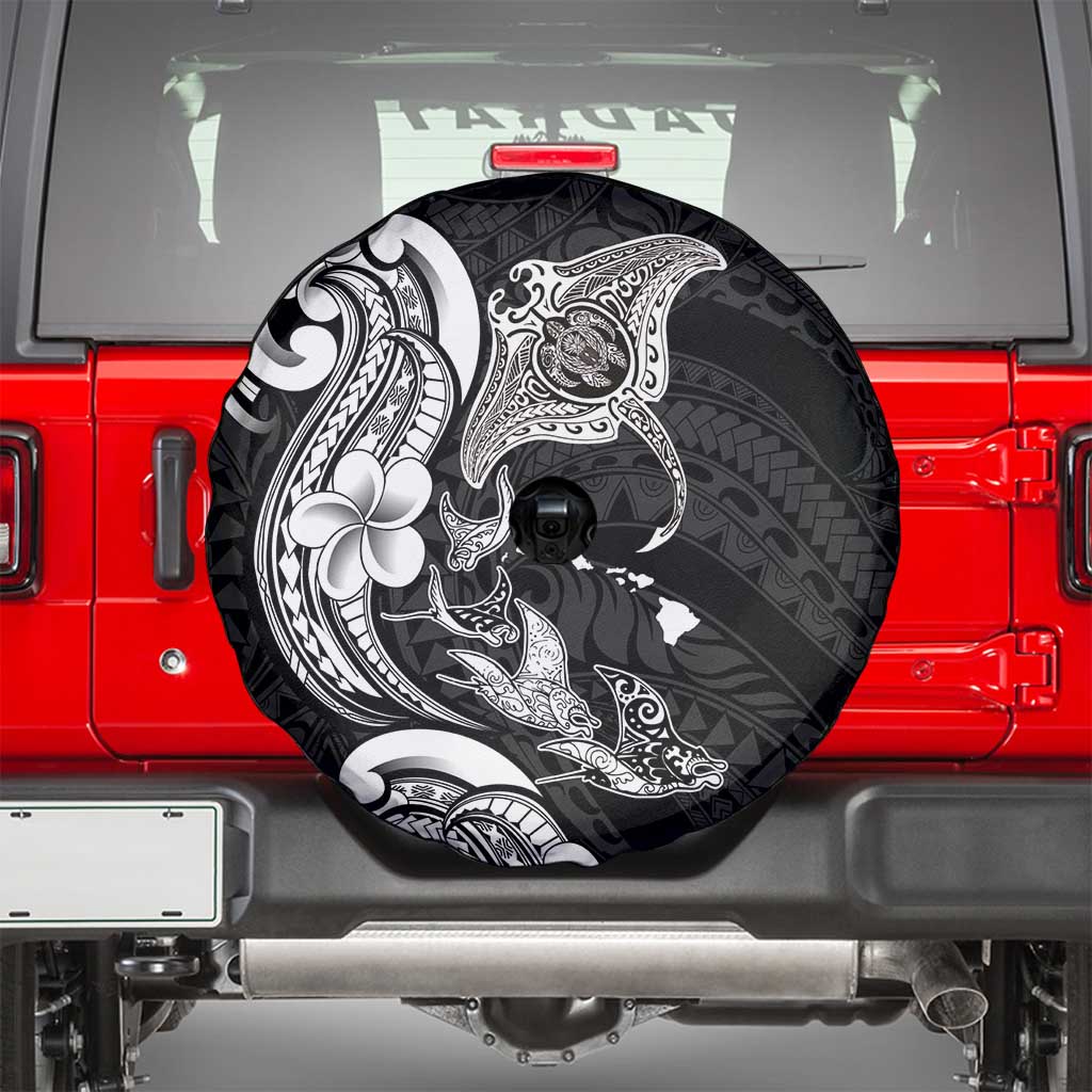 Hawaiian Manta Rays Spare Tire Cover Tribal Hibiscus Polynesian Tattoos Black Color LT03 - Polynesian Pride