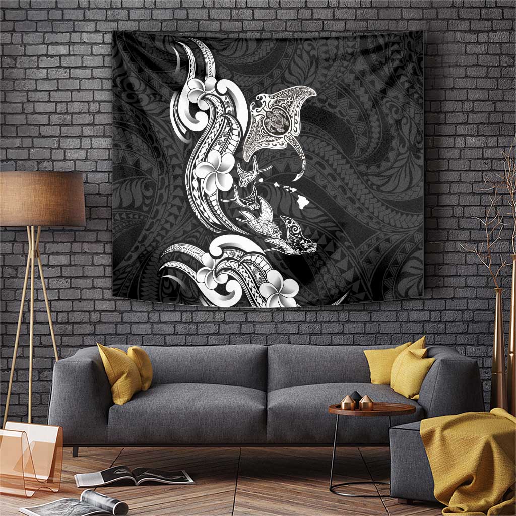 Hawaiian Manta Rays Tapestry Tribal Hibiscus Polynesian Tattoos Black Color LT03 Black - Polynesian Pride