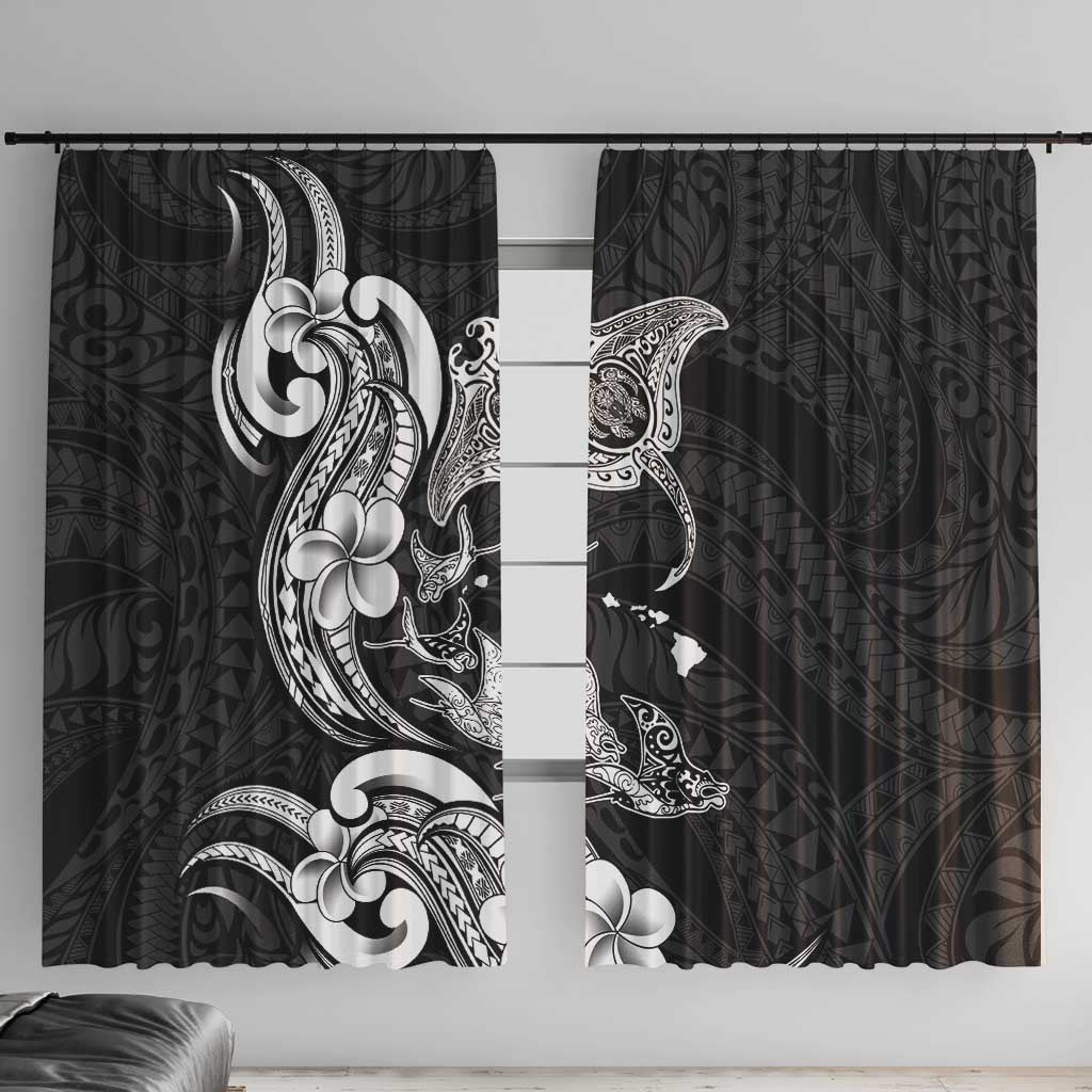 Hawaiian Manta Rays Window Curtain Tribal Hibiscus Polynesian Tattoos Black Color LT03 With Hooks Black - Polynesian Pride