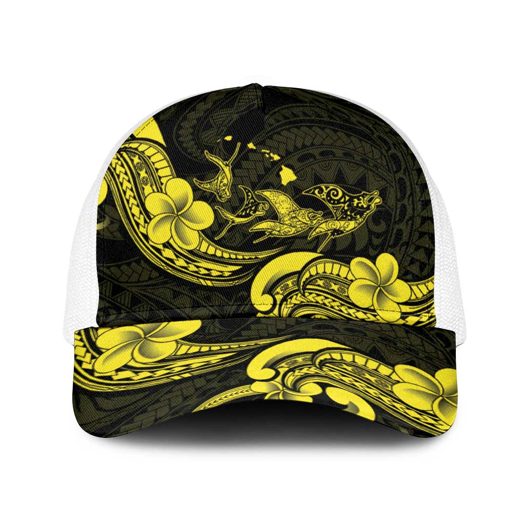 Hawaiian Manta Rays Baseball Net Cap Tribal Hibiscus Polynesian Tattoos Yellow Color LT03 One Size White Yellow - Polynesian Pride