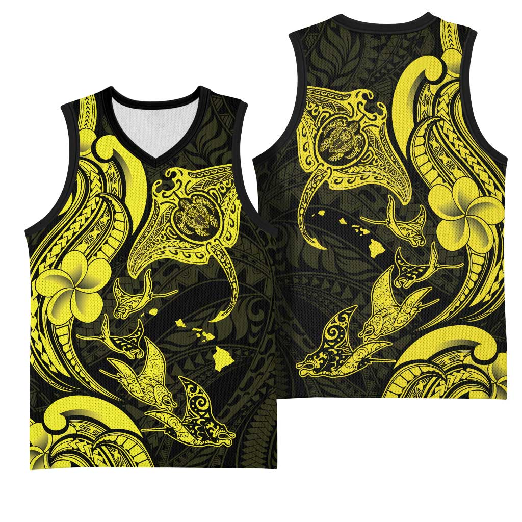 Hawaiian Manta Rays Basketball Jersey Tribal Hibiscus Polynesian Tattoos Yellow Color LT03 - Polynesian Pride