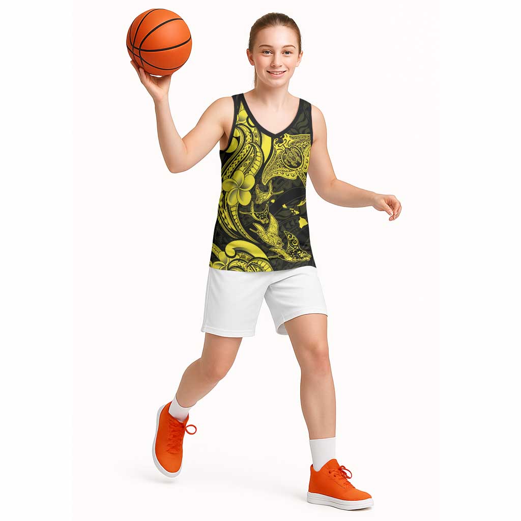 Hawaiian Manta Rays Basketball Jersey Tribal Hibiscus Polynesian Tattoos Yellow Color LT03 - Polynesian Pride
