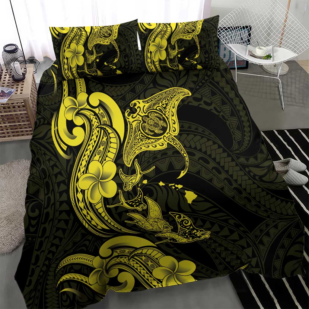 Hawaiian Manta Rays Bedding Set Tribal Hibiscus Polynesian Tattoos Yellow Color LT03 - Polynesian Pride