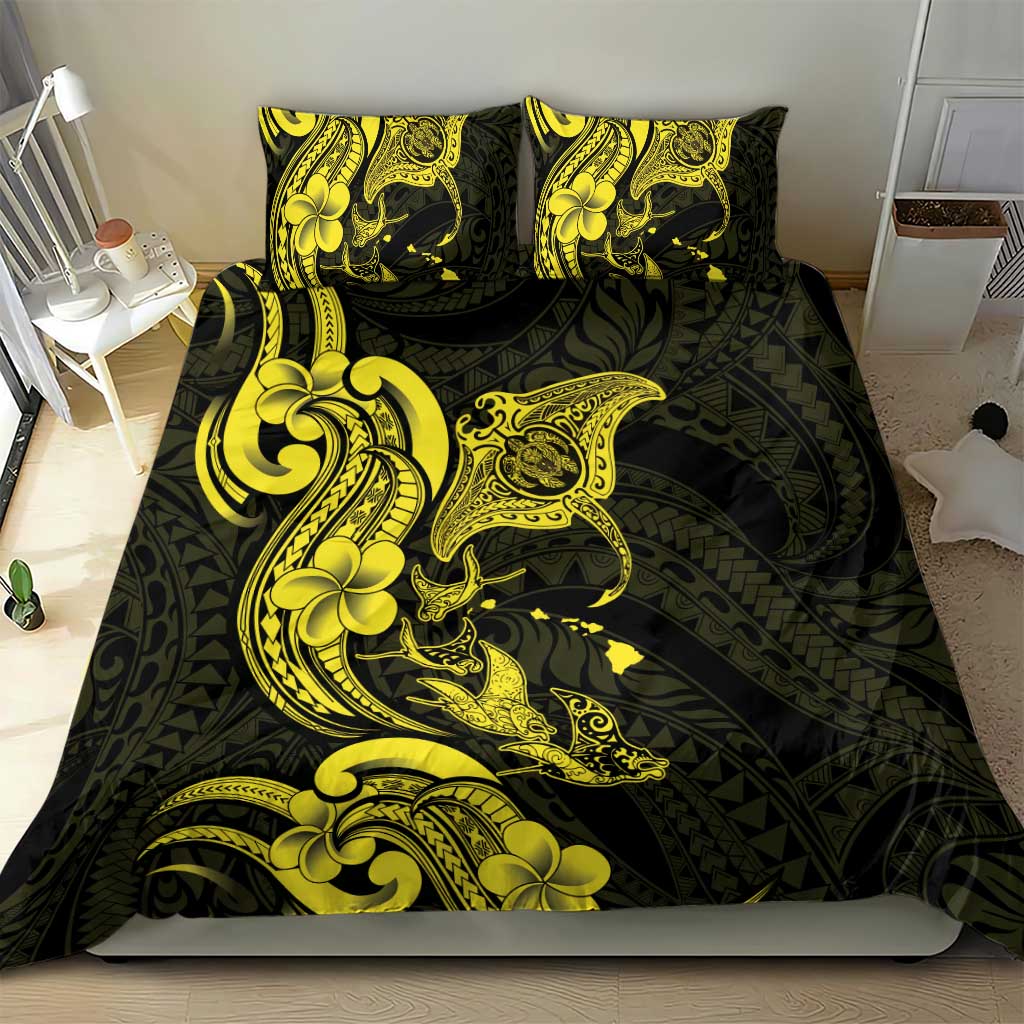 Hawaiian Manta Rays Bedding Set Tribal Hibiscus Polynesian Tattoos Yellow Color LT03 - Polynesian Pride