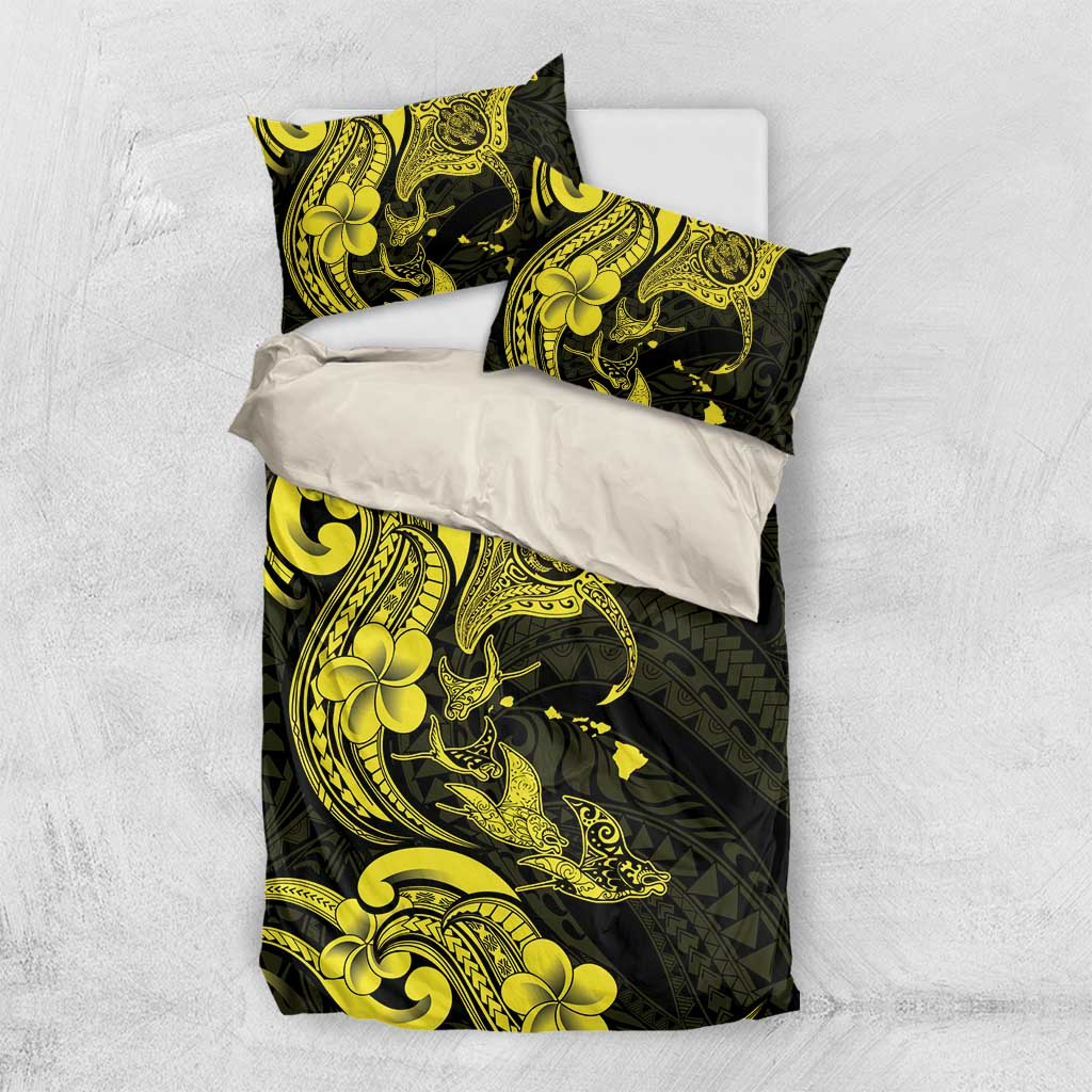 Hawaiian Manta Rays Bedding Set Tribal Hibiscus Polynesian Tattoos Yellow Color LT03 US Twin 172cm x 218cm Yellow - Polynesian Pride