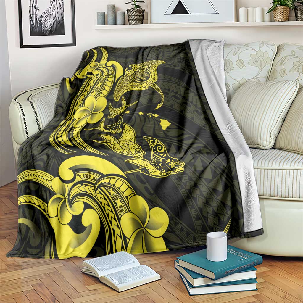 Hawaiian Manta Rays Blanket Tribal Hibiscus Polynesian Tattoos Yellow Color LT03 Yellow - Polynesian Pride