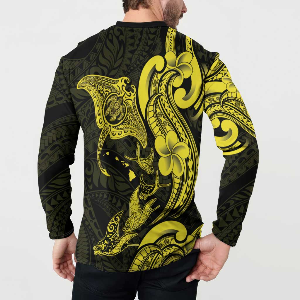 Hawaiian Manta Rays Button Sweatshirt Tribal Hibiscus Polynesian Tattoos Yellow Color LT03 - Polynesian Pride