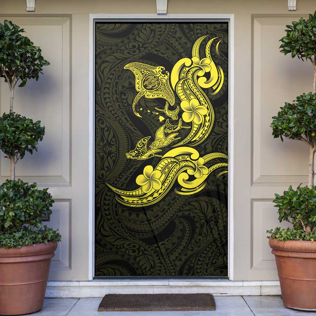 Hawaiian Manta Rays Door Cover Tribal Hibiscus Polynesian Tattoos Yellow Color LT03 Yellow - Polynesian Pride