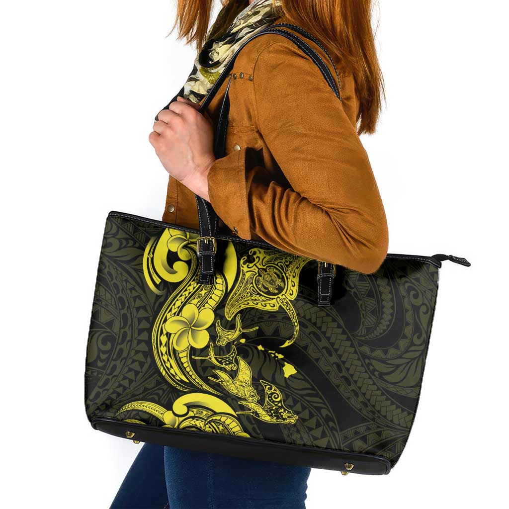 Hawaiian Manta Rays Leather Tote Bag Tribal Hibiscus Polynesian Tattoos Yellow Color LT03 Yellow - Polynesian Pride