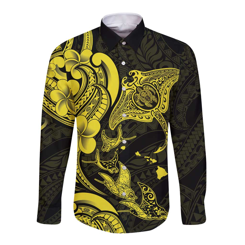 Hawaiian Manta Rays Long Sleeve Button Shirt Tribal Hibiscus Polynesian Tattoos Yellow Color LT03 Unisex Yellow - Polynesian Pride