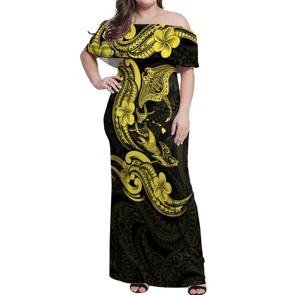 Hawaiian Manta Rays Off Shoulder Maxi Dress Tribal Hibiscus Polynesian Tattoos Yellow Color LT03 Women Yellow - Polynesian Pride