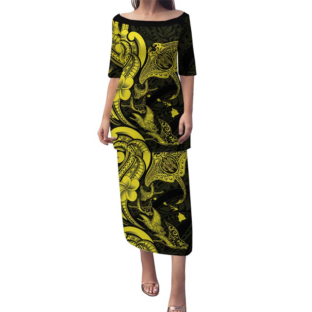 Hawaiian Manta Rays Puletasi Tribal Hibiscus Polynesian Tattoos Yellow Color LT03 Long Dress Yellow - Polynesian Pride