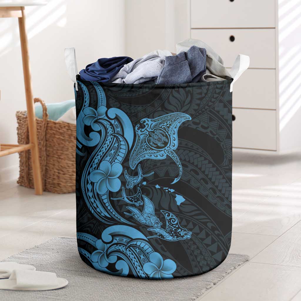 Hawaiian Manta Rays Laundry Basket Tribal Hibiscus Polynesian Tattoos Blue Color LT03 Blue - Polynesian Pride