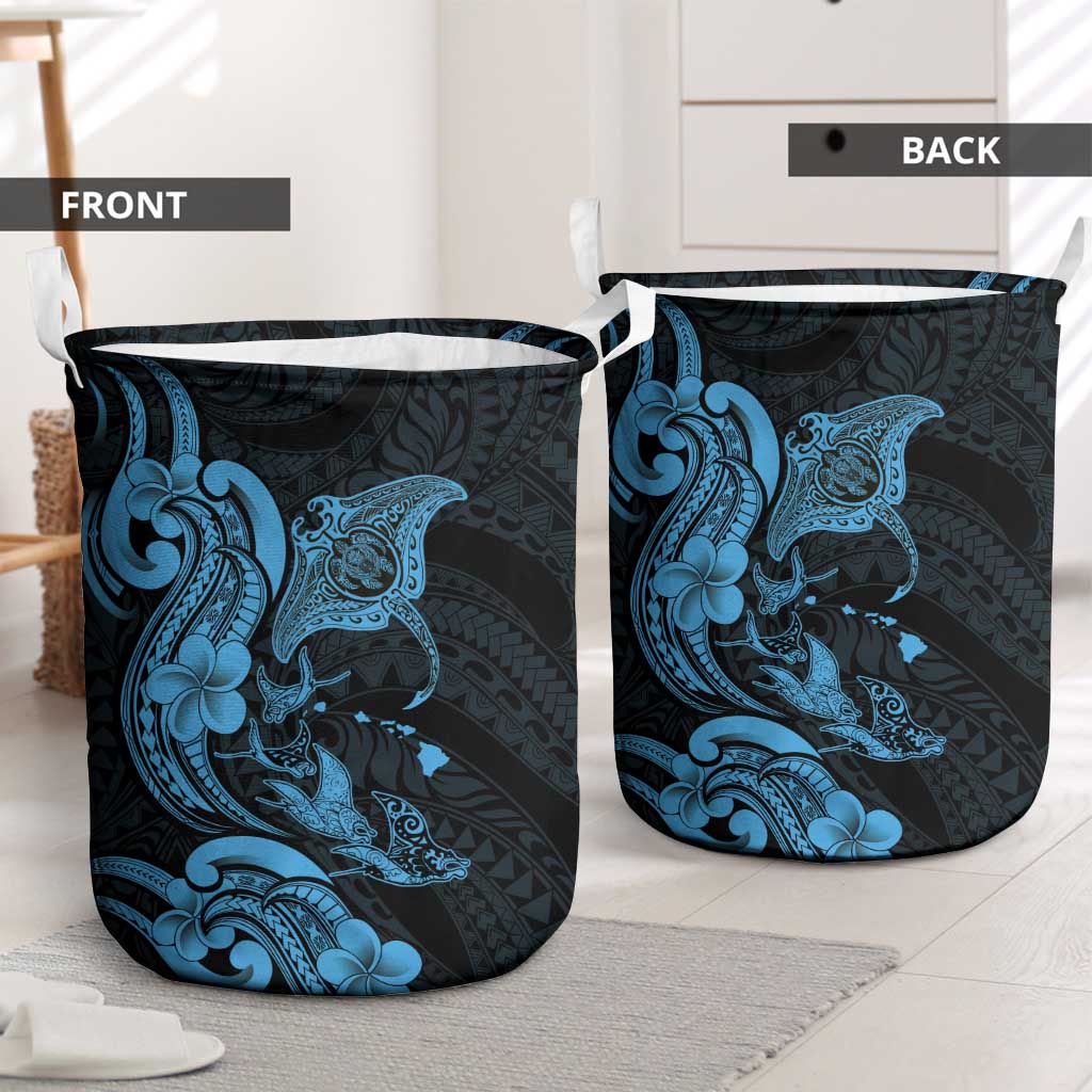 Hawaiian Manta Rays Laundry Basket Tribal Hibiscus Polynesian Tattoos Blue Color LT03 - Polynesian Pride