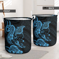 Hawaiian Manta Rays Laundry Basket Tribal Hibiscus Polynesian Tattoos Blue Color LT03 - Polynesian Pride