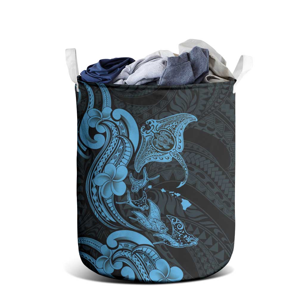 Hawaiian Manta Rays Laundry Basket Tribal Hibiscus Polynesian Tattoos Blue Color LT03 - Polynesian Pride