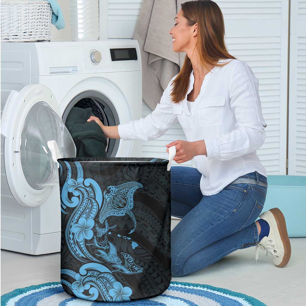 Hawaiian Manta Rays Laundry Basket Tribal Hibiscus Polynesian Tattoos Blue Color LT03 - Polynesian Pride