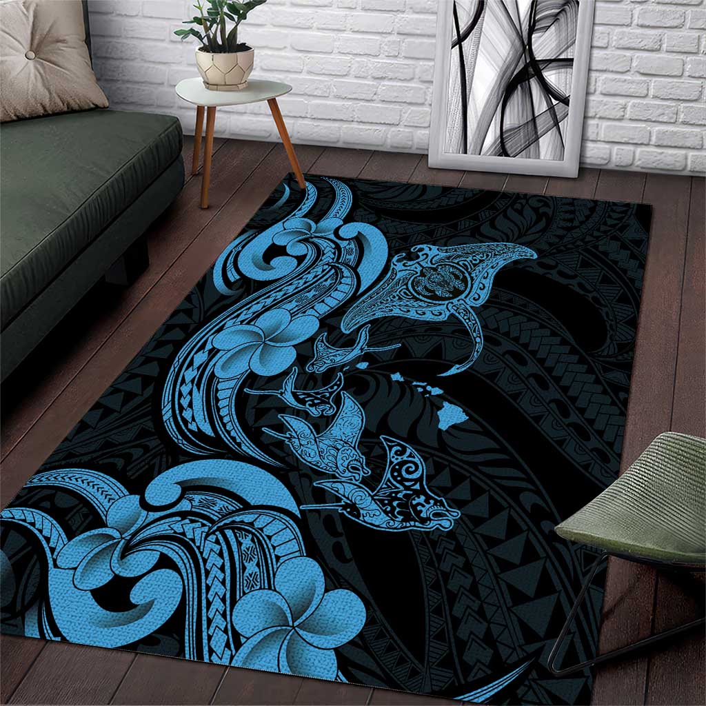 Hawaiian Manta Rays Area Rug Tribal Hibiscus Polynesian Tattoos Blue Color LT03 Blue - Polynesian Pride