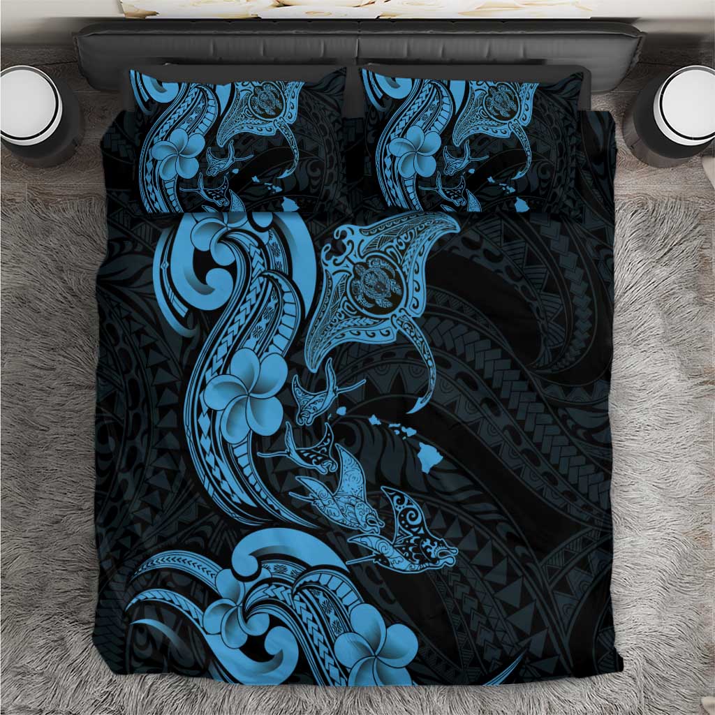 Hawaiian Manta Rays Bedding Set Tribal Hibiscus Polynesian Tattoos Blue Color LT03 Blue - Polynesian Pride