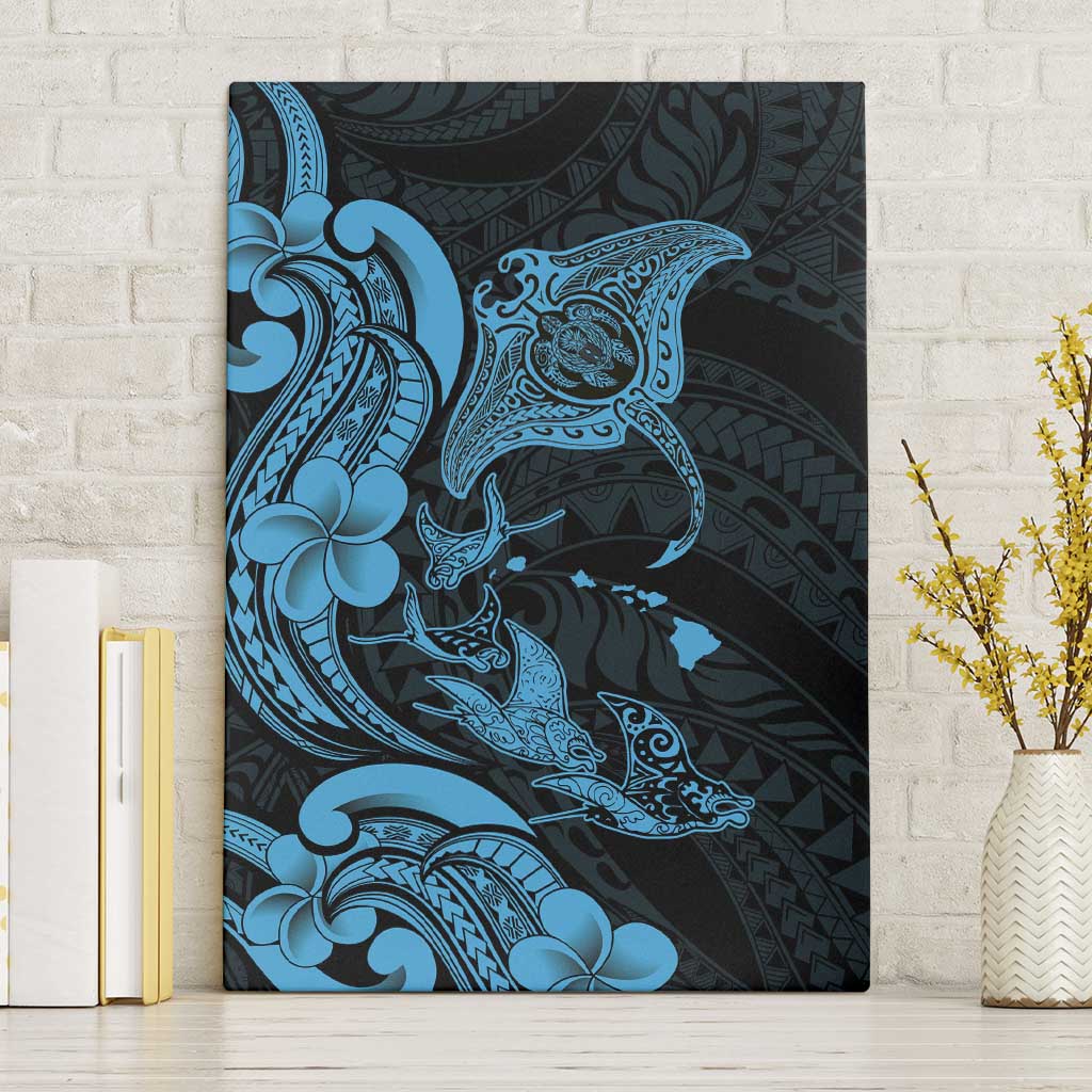 Hawaiian Manta Rays Canvas Wall Art Tribal Hibiscus Polynesian Tattoos Blue Color LT03 Without Frame Blue - Polynesian Pride