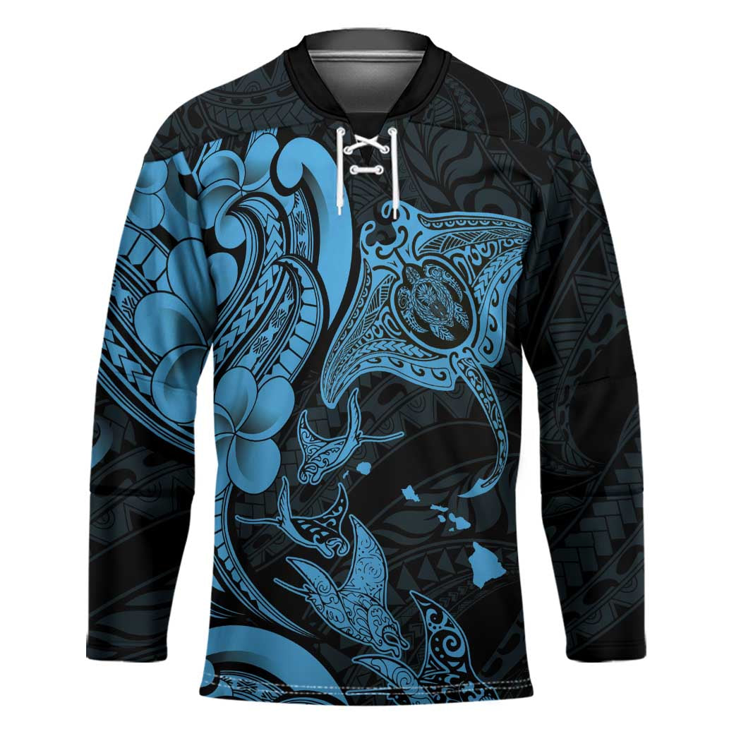 Hawaiian Manta Rays Hockey Jersey Tribal Hibiscus Polynesian Tattoos Blue Color LT03 Unisex Blue - Polynesian Pride