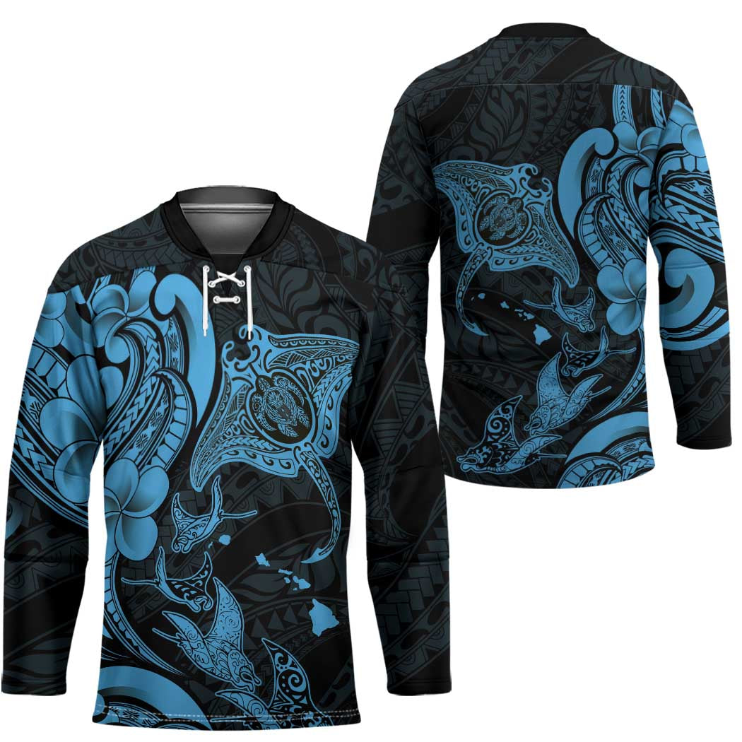 Hawaiian Manta Rays Hockey Jersey Tribal Hibiscus Polynesian Tattoos Blue Color LT03 - Polynesian Pride