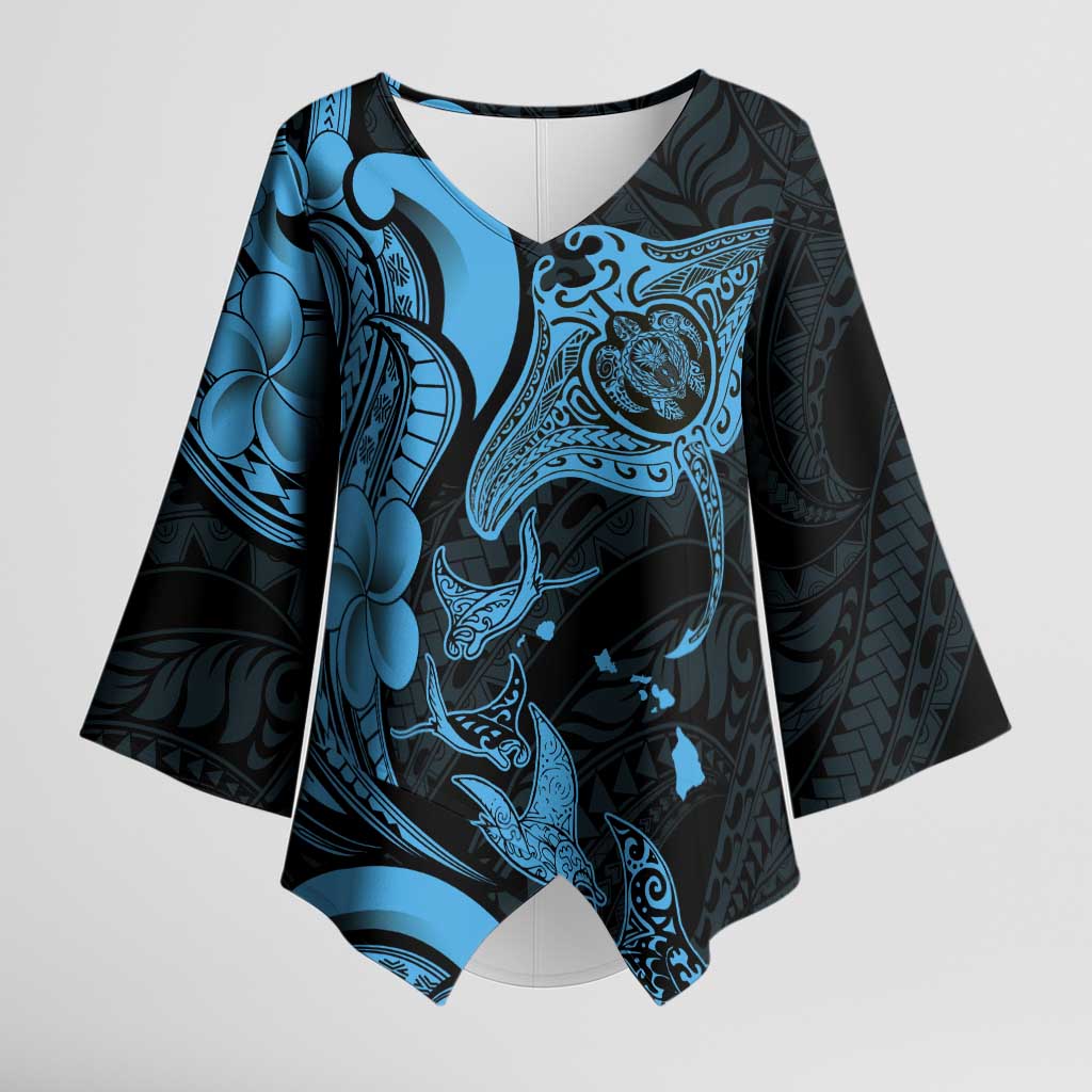 Hawaiian Manta Rays Kimono Sleeve Blouse Tribal Hibiscus Polynesian Tattoos Blue Color LT03 Female Blue - Polynesian Pride