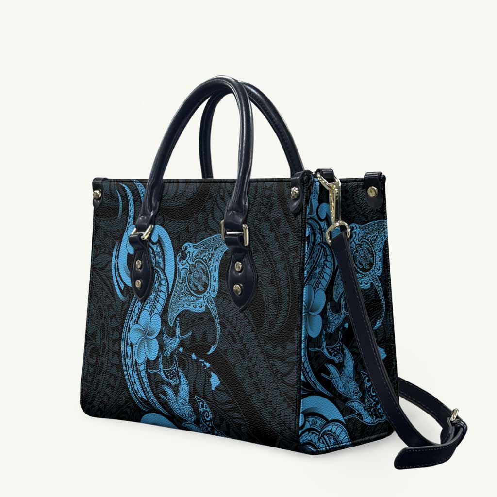 Hawaiian Manta Rays Leather Bag Tribal Hibiscus Polynesian Tattoos Blue Color LT03 Blue - Polynesian Pride