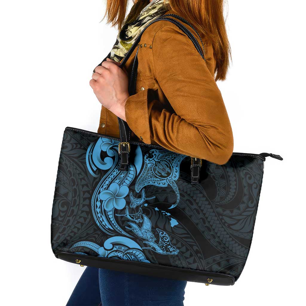 Hawaiian Manta Rays Leather Tote Bag Tribal Hibiscus Polynesian Tattoos Blue Color LT03 Blue - Polynesian Pride