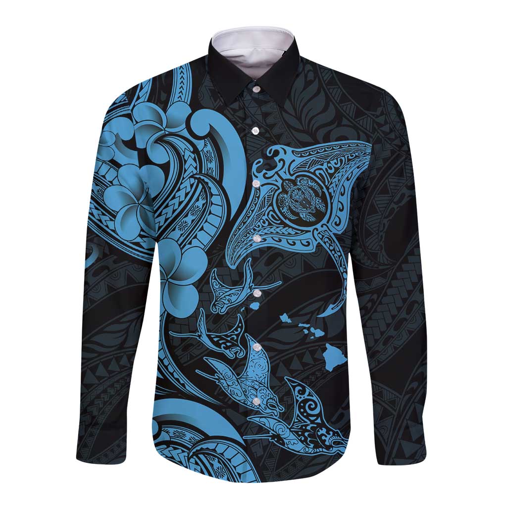 Hawaiian Manta Rays Long Sleeve Button Shirt Tribal Hibiscus Polynesian Tattoos Blue Color LT03 Unisex Blue - Polynesian Pride