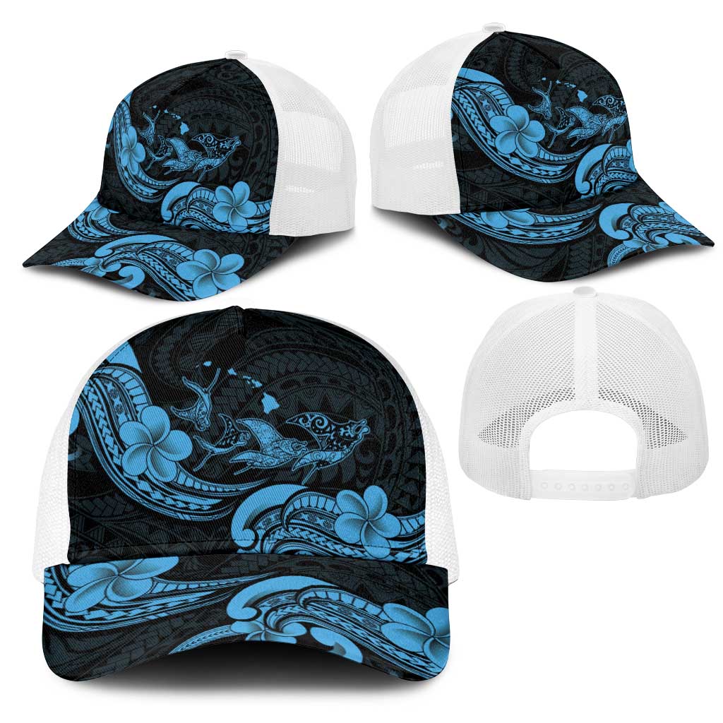 Hawaiian Manta Rays Mesh Trucker Cap Tribal Hibiscus Polynesian Tattoos Blue Color LT03 - Polynesian Pride