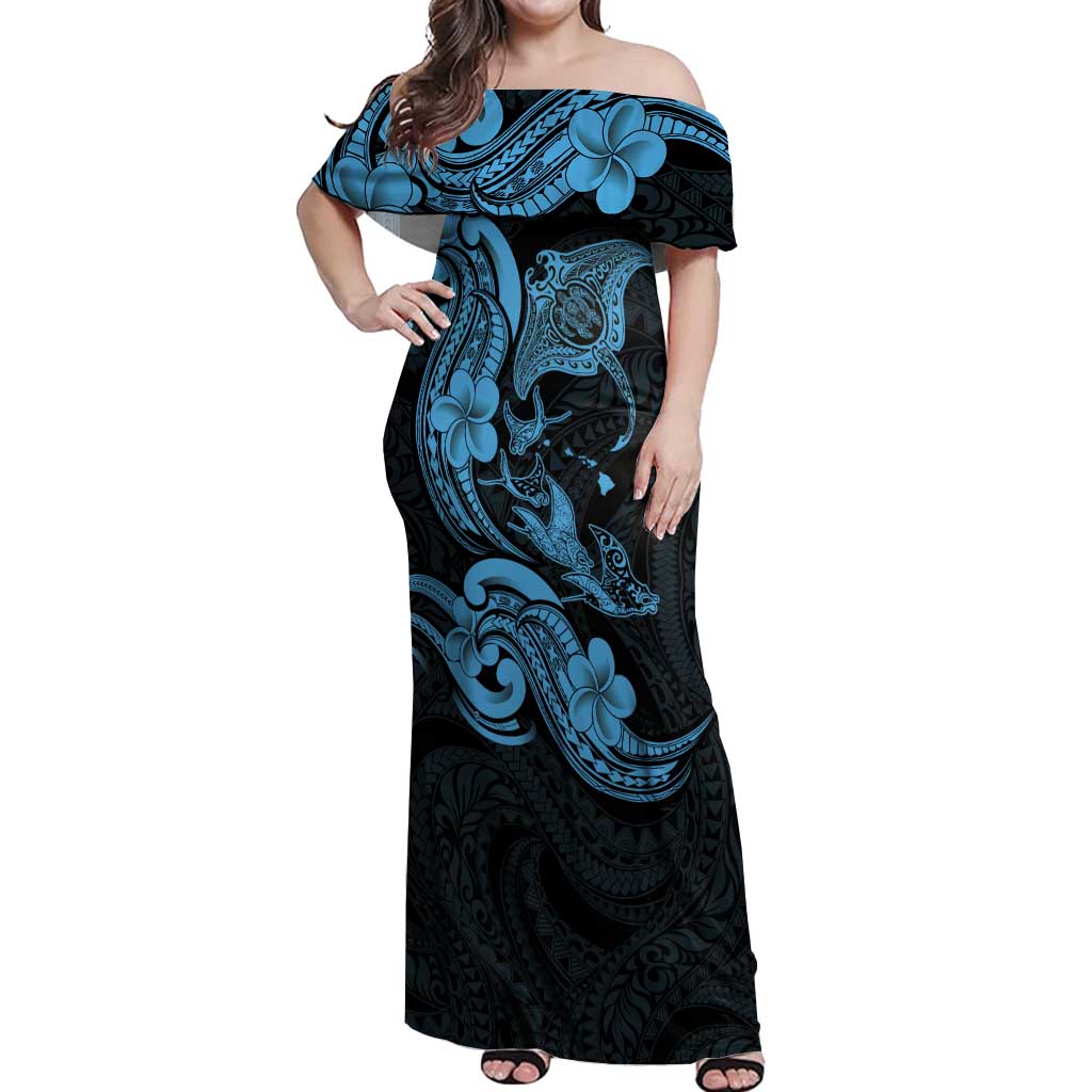 Hawaiian Manta Rays Off Shoulder Maxi Dress Tribal Hibiscus Polynesian Tattoos Blue Color LT03 Women Blue - Polynesian Pride