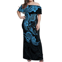 Hawaiian Manta Rays Off Shoulder Maxi Dress Tribal Hibiscus Polynesian Tattoos Blue Color LT03 Women Blue - Polynesian Pride