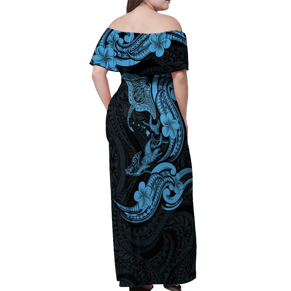 Hawaiian Manta Rays Off Shoulder Maxi Dress Tribal Hibiscus Polynesian Tattoos Blue Color LT03 - Polynesian Pride