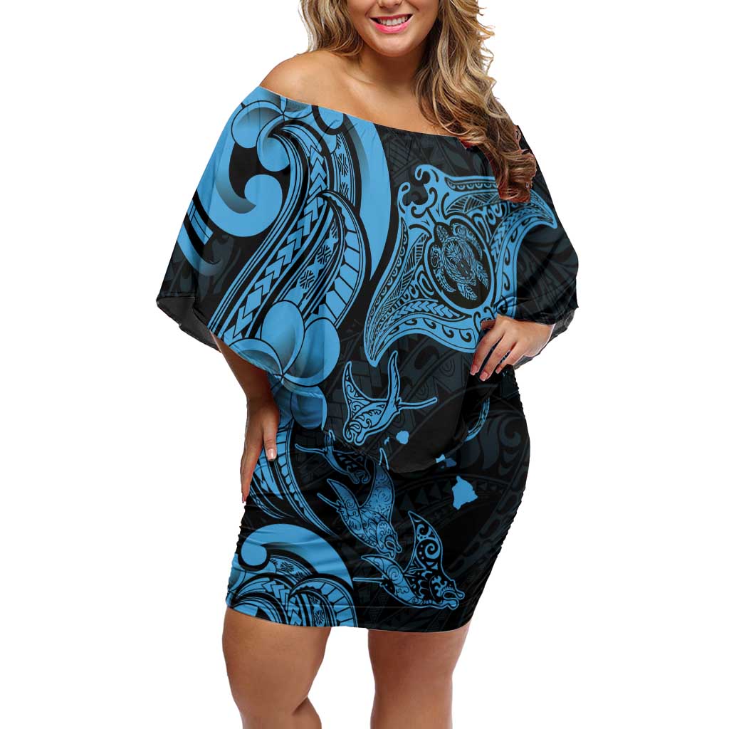 Hawaiian Manta Rays Off Shoulder Short Dress Tribal Hibiscus Polynesian Tattoos Blue Color LT03 Women Blue - Polynesian Pride