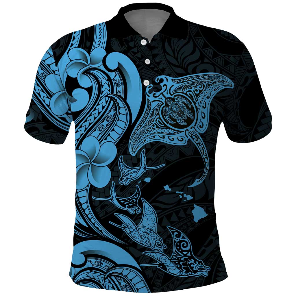 Hawaiian Manta Rays Polo Shirt Tribal Hibiscus Polynesian Tattoos Blue Color LT03 Blue - Polynesian Pride