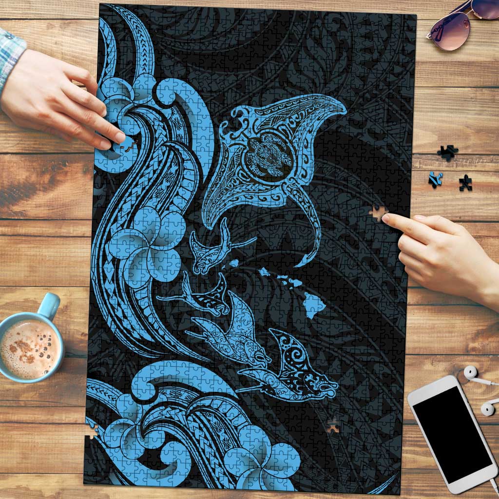 Hawaiian Manta Rays Puzzle Tribal Hibiscus Polynesian Tattoos Blue Color LT03 Blue - Polynesian Pride