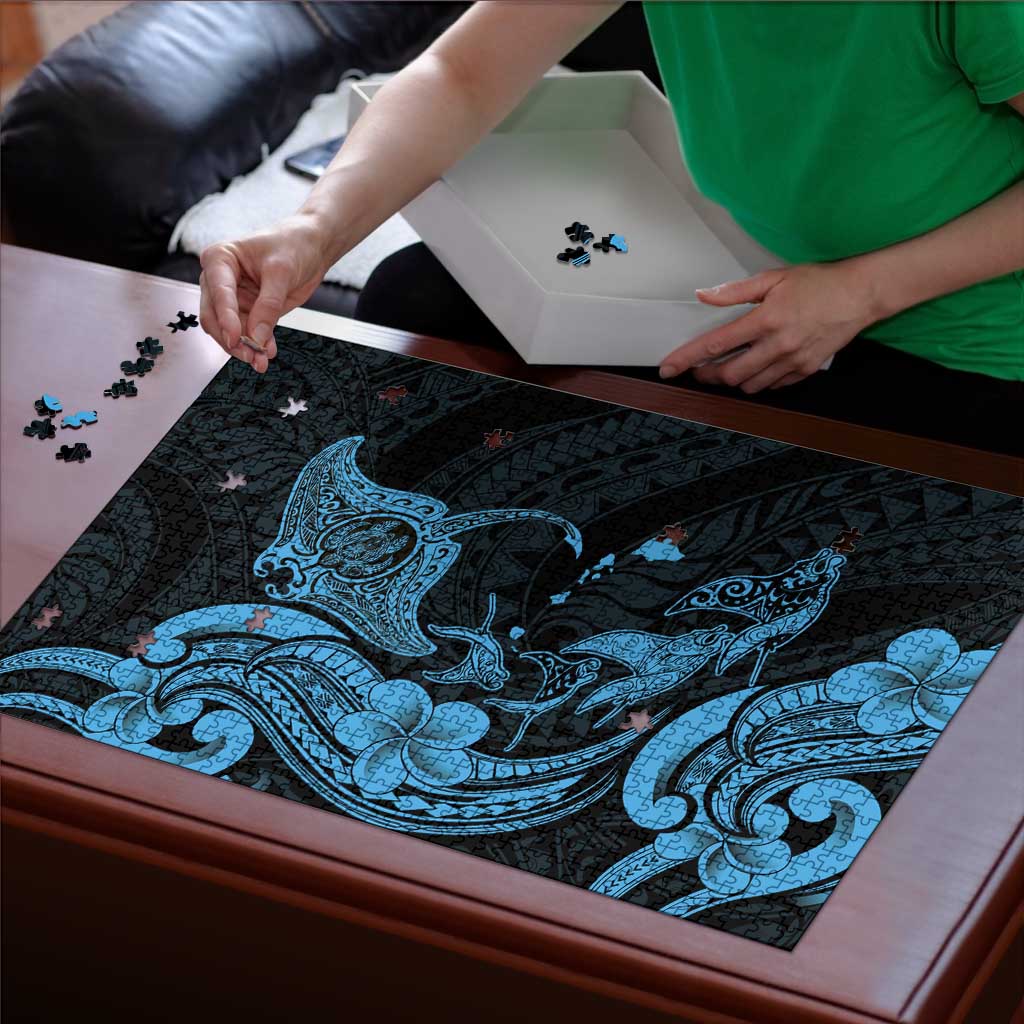 Hawaiian Manta Rays Puzzle Tribal Hibiscus Polynesian Tattoos Blue Color LT03 - Polynesian Pride