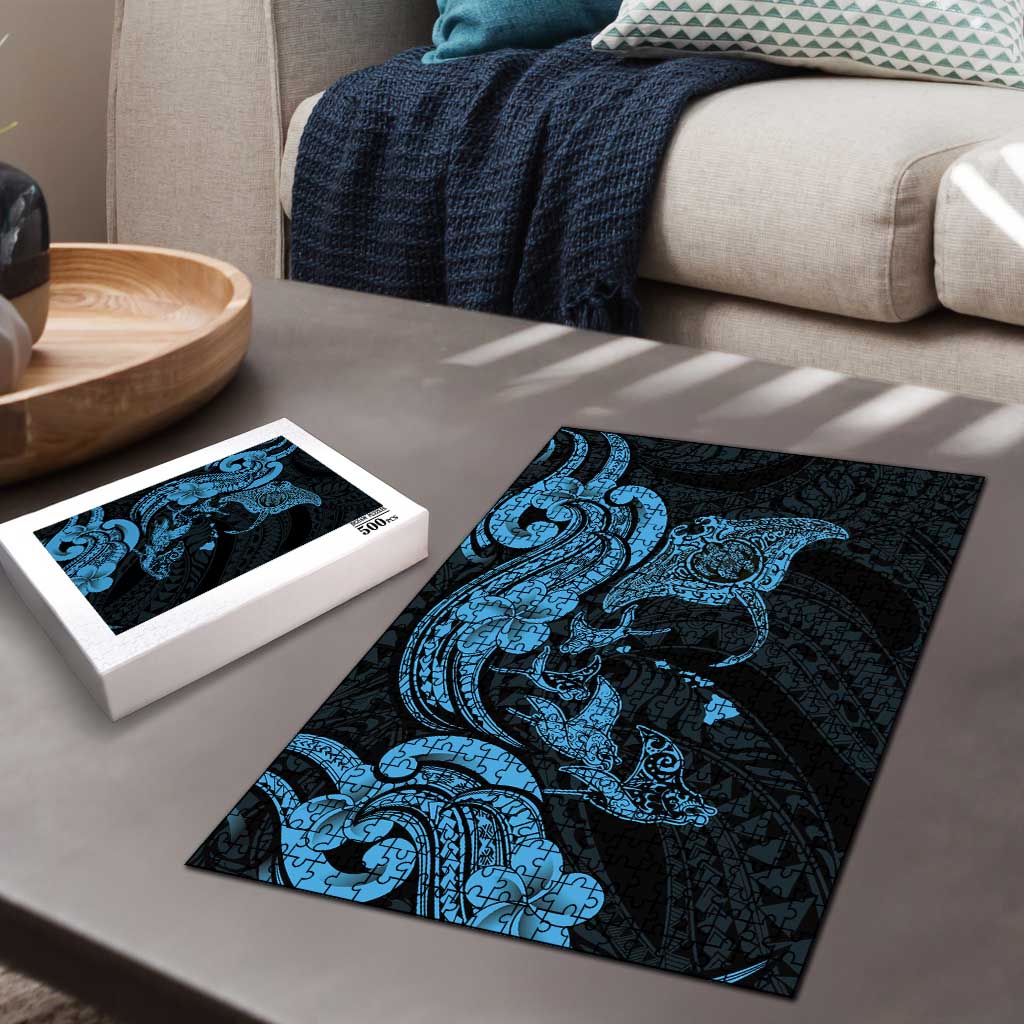 Hawaiian Manta Rays Puzzle Tribal Hibiscus Polynesian Tattoos Blue Color LT03 - Polynesian Pride