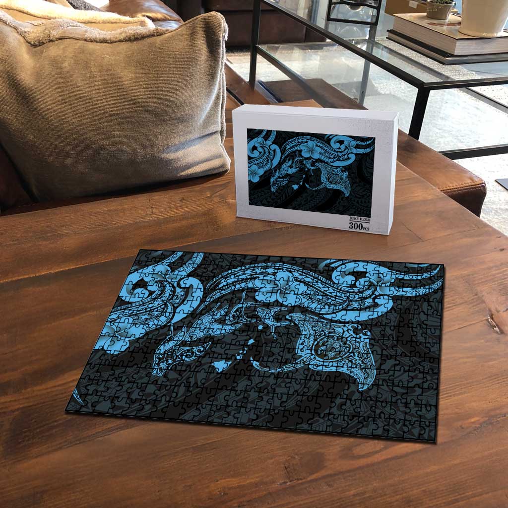 Hawaiian Manta Rays Puzzle Tribal Hibiscus Polynesian Tattoos Blue Color LT03 - Polynesian Pride