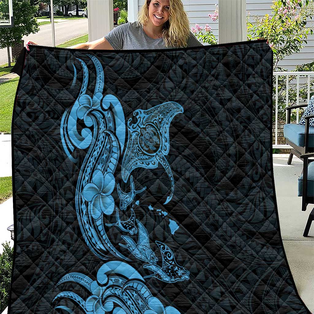 Hawaiian Manta Rays Quilt Tribal Hibiscus Polynesian Tattoos Blue Color LT03 Blue - Polynesian Pride