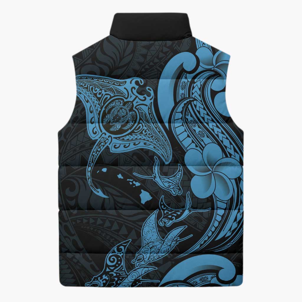 Hawaiian Manta Rays Sleeveless Puffer Jacket Tribal Hibiscus Polynesian Tattoos Blue Color LT03 - Polynesian Pride