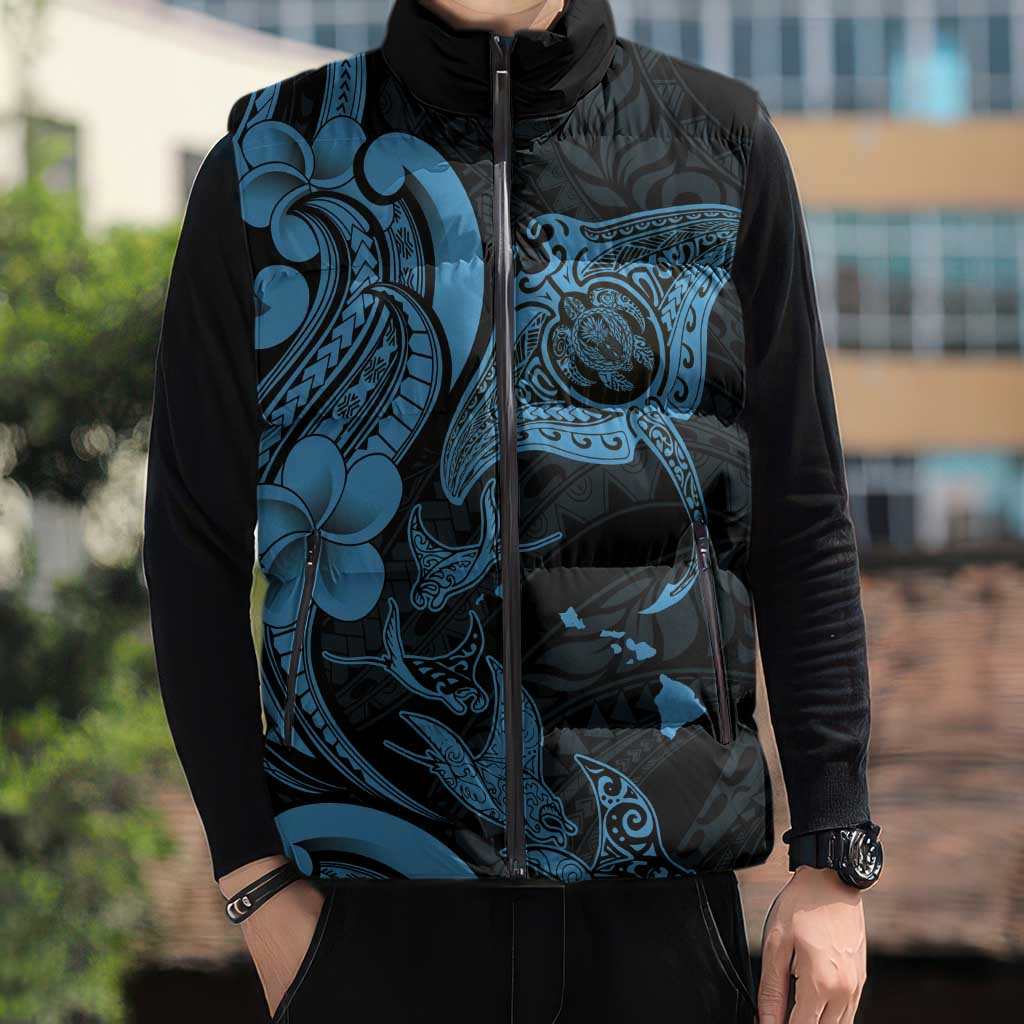 Hawaiian Manta Rays Sleeveless Puffer Jacket Tribal Hibiscus Polynesian Tattoos Blue Color LT03 - Polynesian Pride