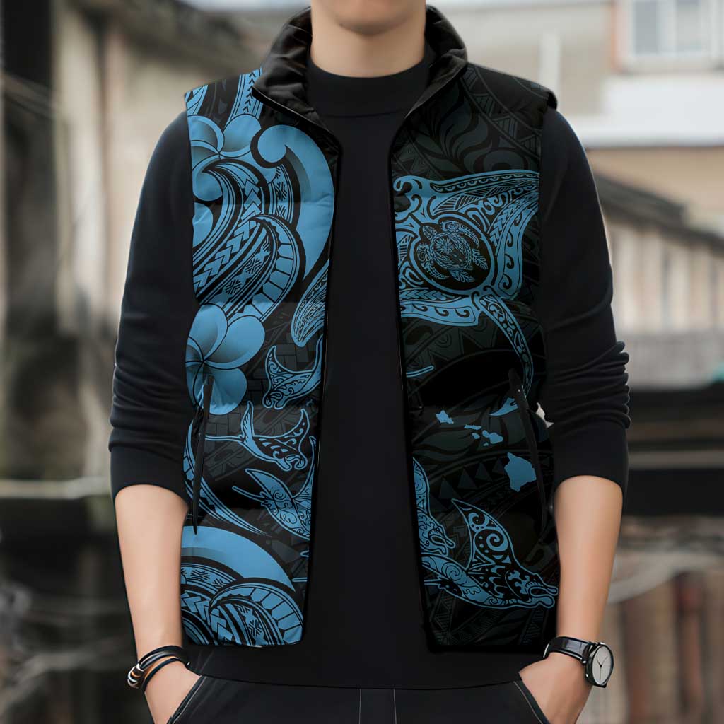 Hawaiian Manta Rays Sleeveless Puffer Jacket Tribal Hibiscus Polynesian Tattoos Blue Color LT03 - Polynesian Pride